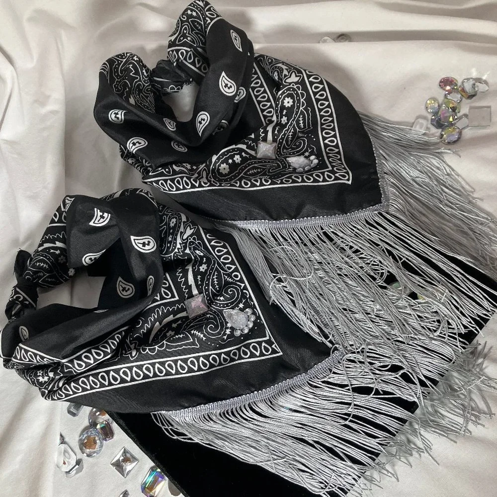 Fringed Blinged out Black Bandana with - Picture 9 of 16